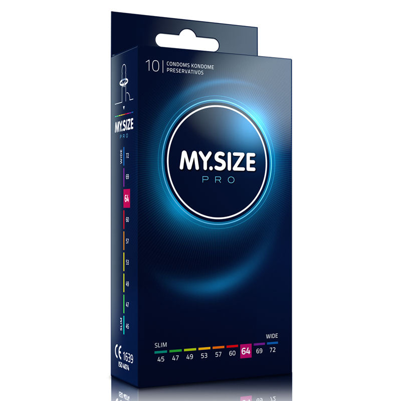 MY.SIZE PRO 64mm condoms in a box of 10, featuring a sleek design and hypoallergenic natural rubber latex for enhanced comfort.