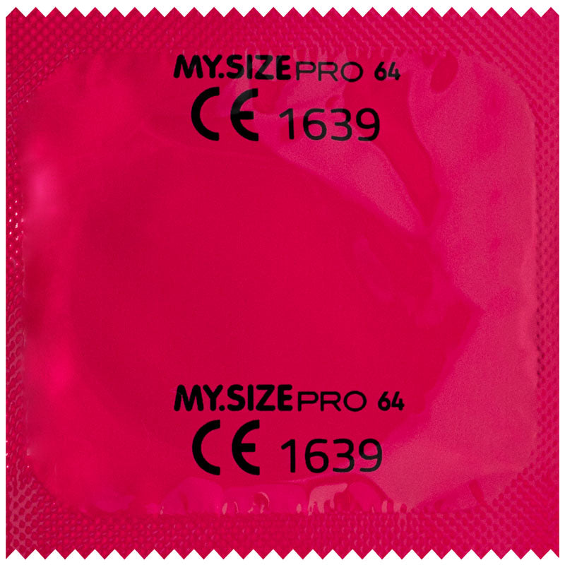 MY.SIZE PRO 64mm condoms in a box of 10, featuring a sleek design and hypoallergenic natural rubber latex for enhanced comfort.