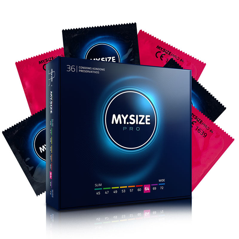 MY.SIZE PRO 64mm condoms in a box, showcasing their transparent design and packaging.