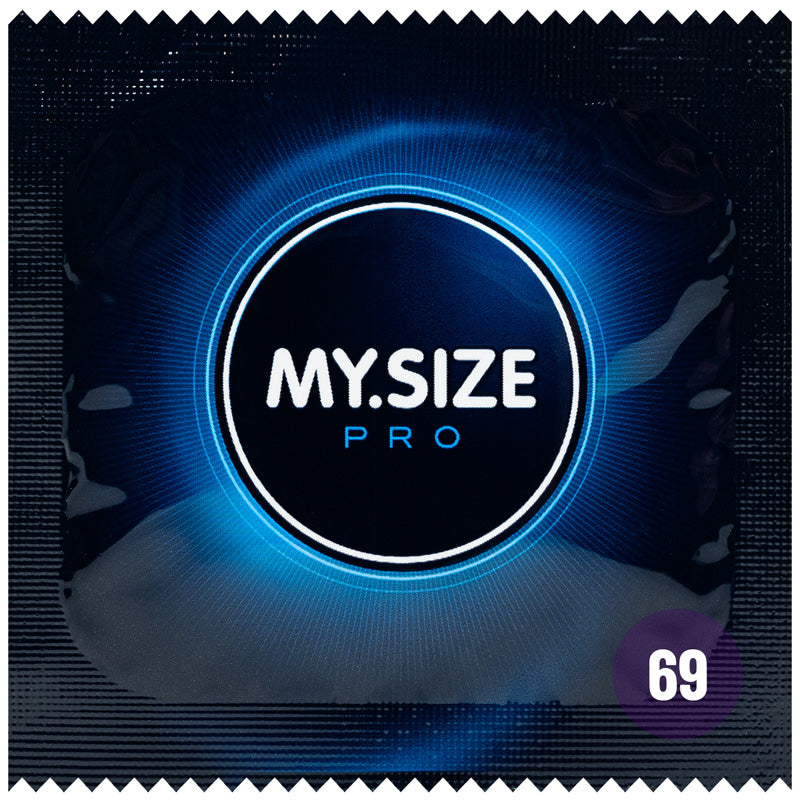 MY.SIZE PRO 69mm transparent condom package showcasing its large size and hypoallergenic features.