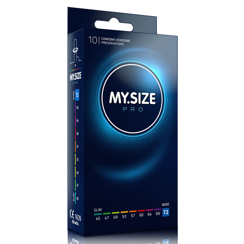 MY.SIZE PRO 72mm condom box containing 10 well-lubricated condoms designed for a larger fit, ensuring safety and comfort.