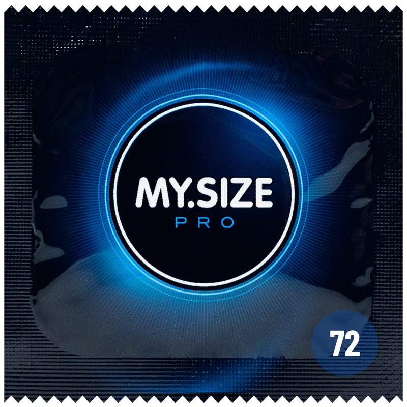 MY.SIZE PRO 72mm condom box containing 10 well-lubricated condoms designed for a larger fit, ensuring safety and comfort.