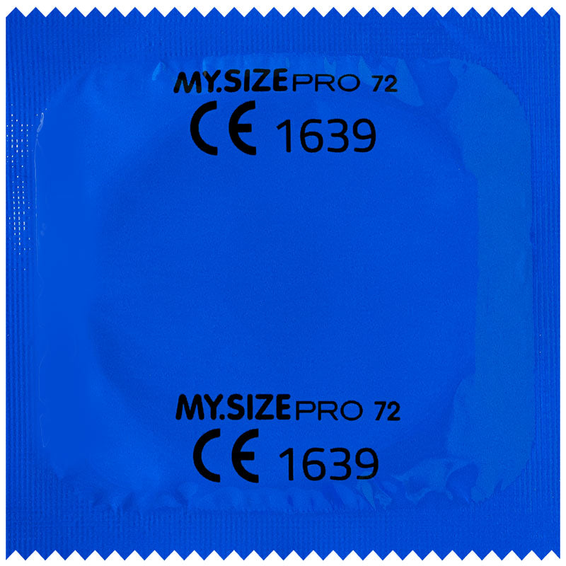 MY.SIZE PRO 72mm condom box containing 10 well-lubricated condoms designed for a larger fit, ensuring safety and comfort.