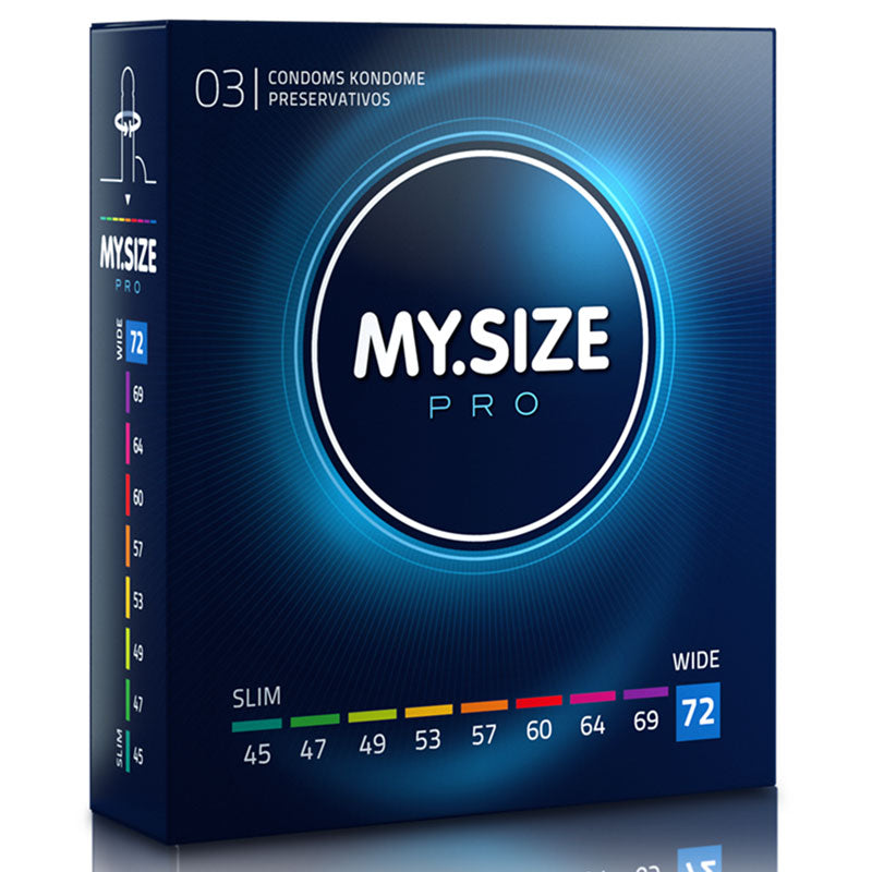 MY.SIZE PRO 72mm condoms in a box of 3, featuring a transparent design and smooth texture for enhanced comfort.