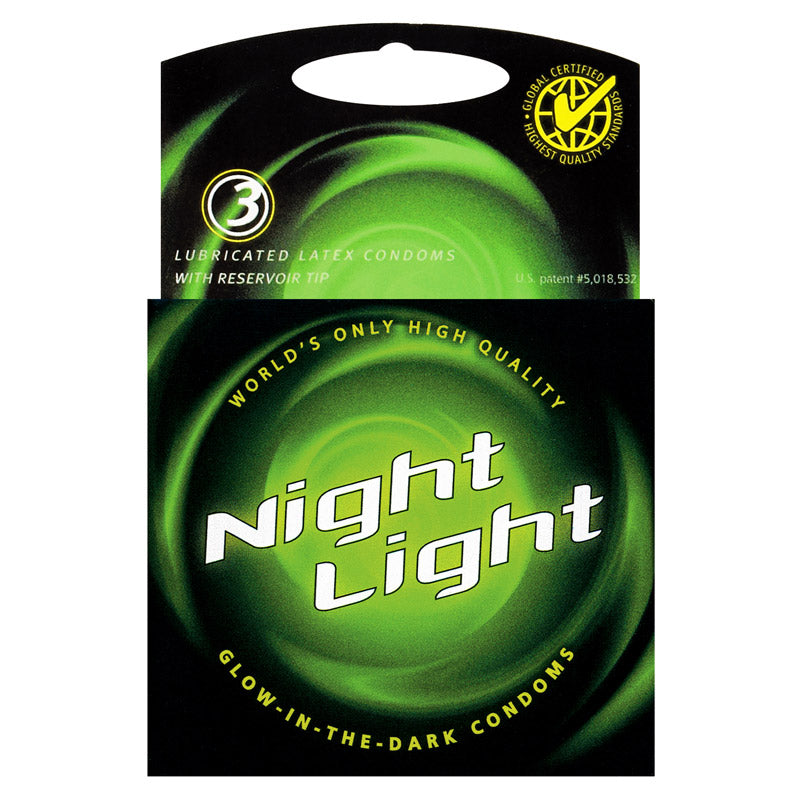 Night Light Glow in the Dark Box 3 condoms featuring a vibrant fluorescent color and smooth texture, designed for safe and fun intimate experiences.