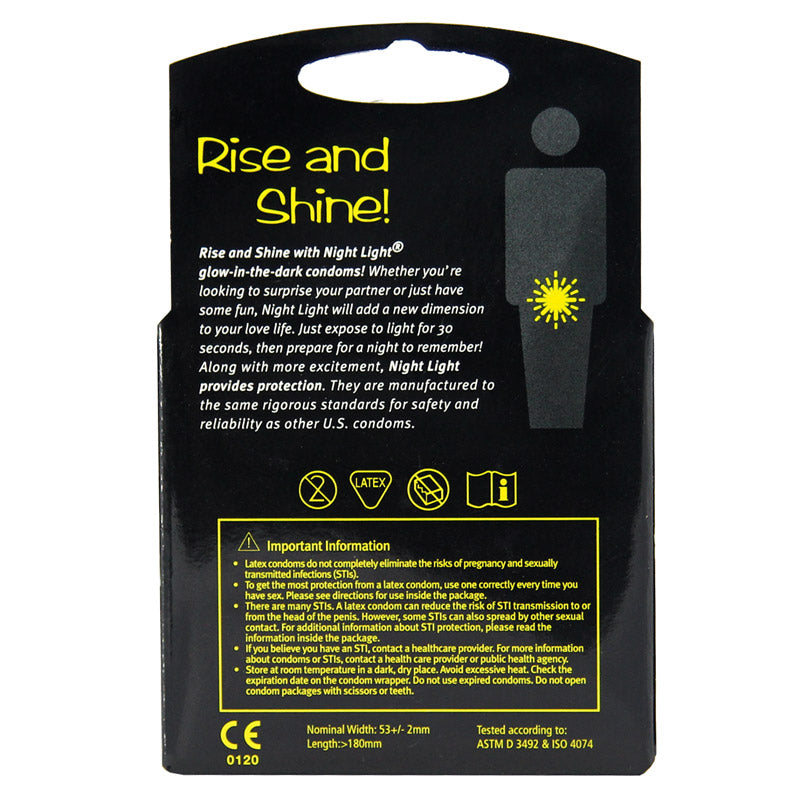 Night Light Glow in the Dark Box 3 condoms featuring a vibrant fluorescent color and smooth texture, designed for safe and fun intimate experiences.