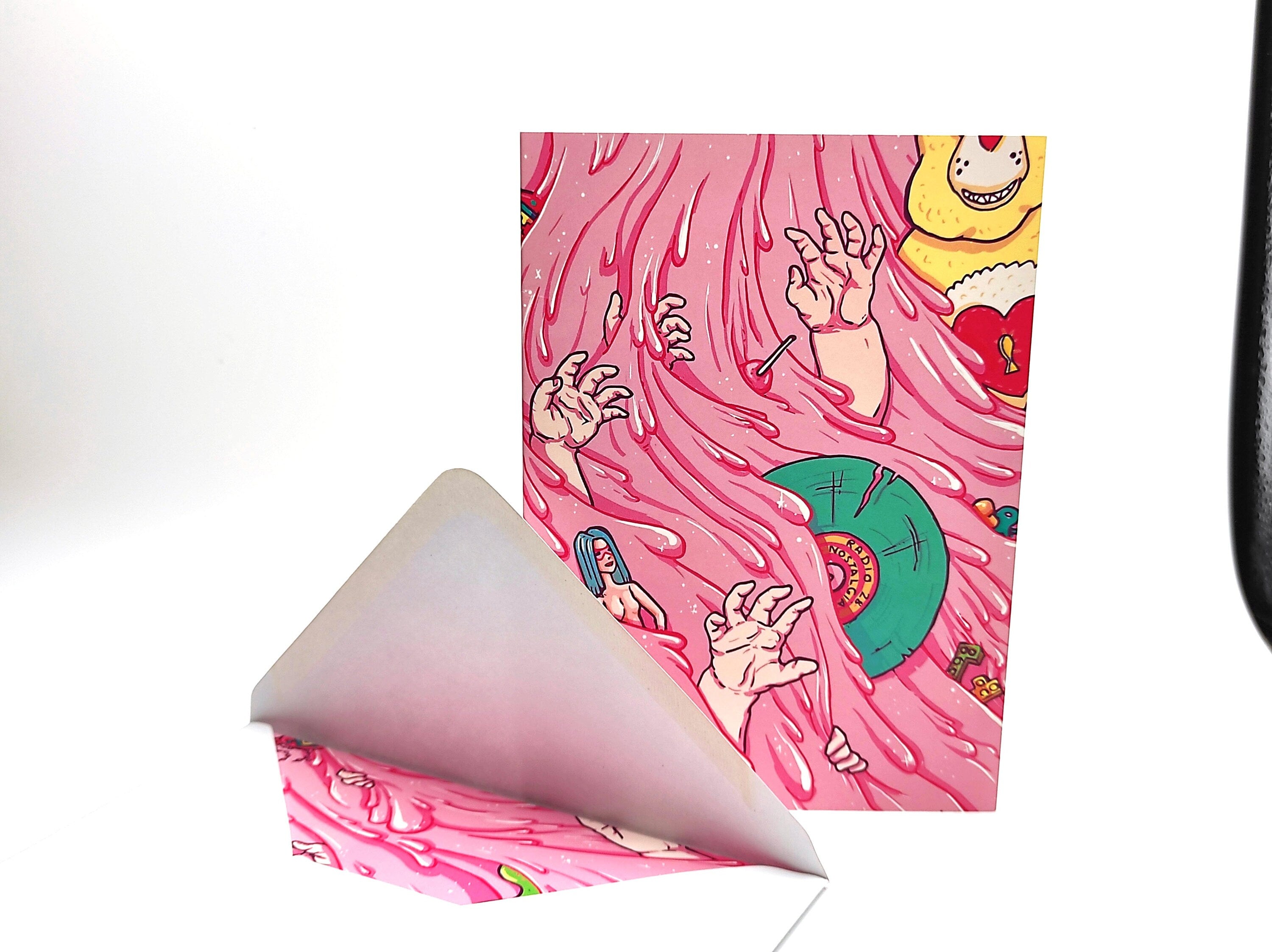 Nostalgia greeting card featuring vibrant digital art, with a recycled square envelope, showcasing high-quality printing on sturdy cardstock.