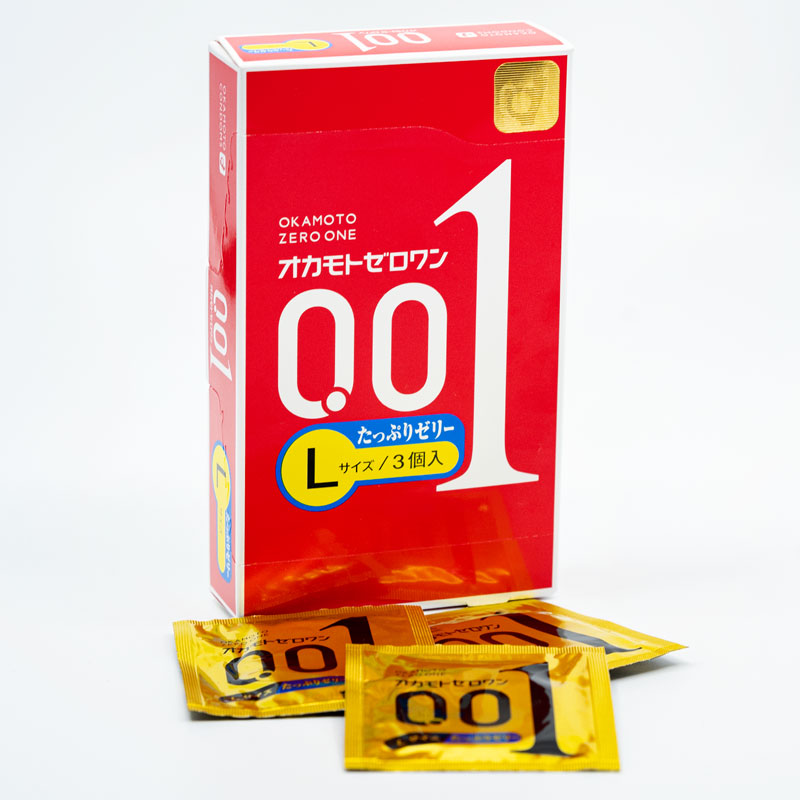 Okamoto 001 L-Size Rich Lubricant Box 3 featuring elegant packaging and non-latex polyurethane condoms for enhanced pleasure.