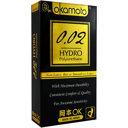 Okamoto 002 Hydro Box 8 condoms, ultra-thin polyurethane design for enhanced sensitivity and comfort.