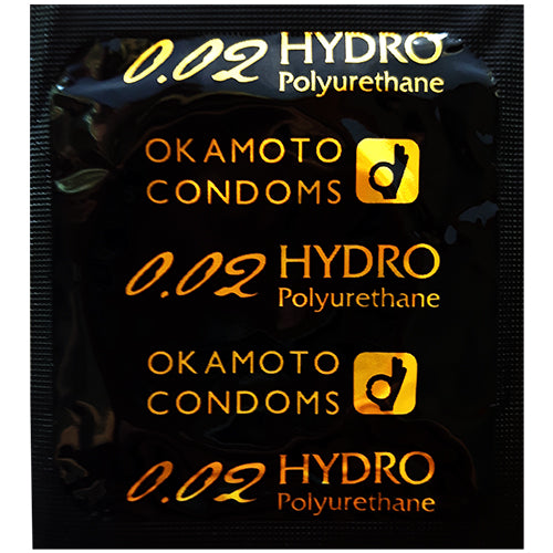 Okamoto 002 Hydro Polyurethane condoms in packaging, showcasing their ultra-thin design and non-latex material.