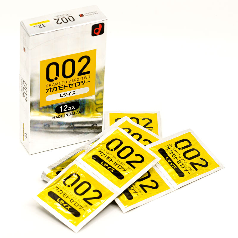 Okamoto 002 L-Size condoms in a box, showcasing their ultra-thin design and packaging, ideal for larger sizes.