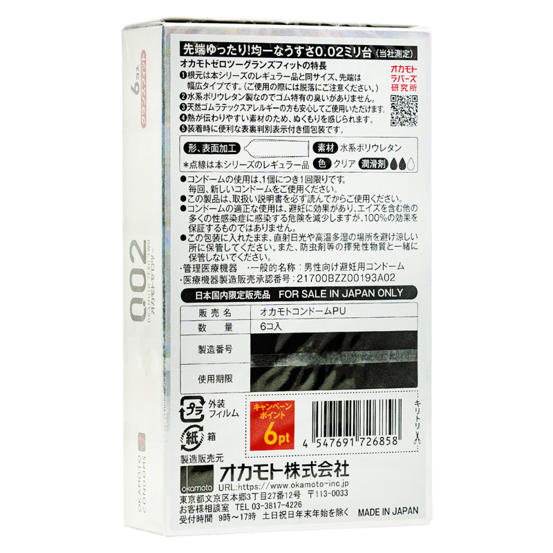 Okamoto 0.02 Zero-Two Grand Fit Box of condoms, showcasing eco-friendly polyurethane material and ultra-thin design for enhanced pleasure.