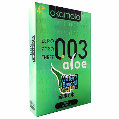 Okamoto 003 Aloe Box of 4 condoms featuring Aloe lubricant for enhanced comfort and sensitivity.