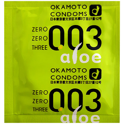 Okamoto 003 Aloe condoms in packaging, showcasing ultra-thin design and Aloe lubricant for enhanced comfort.