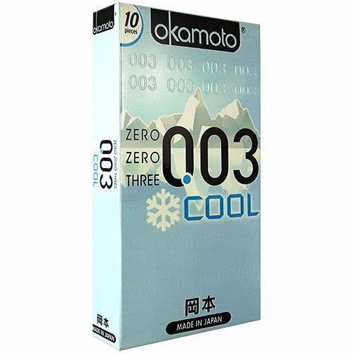 Okamoto 003 Cool Box 10 ultra-thin condoms with menthol lubricant for enhanced pleasure and sensitivity.