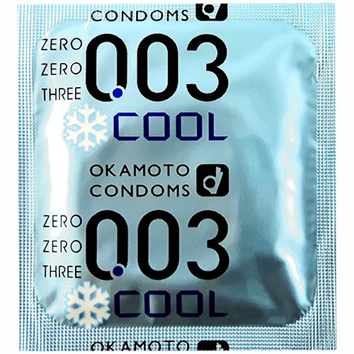 Okamoto 003 Cool ultra-thin condoms with menthol lubricant for enhanced pleasure, featuring a transparent design and straight-sided shape.