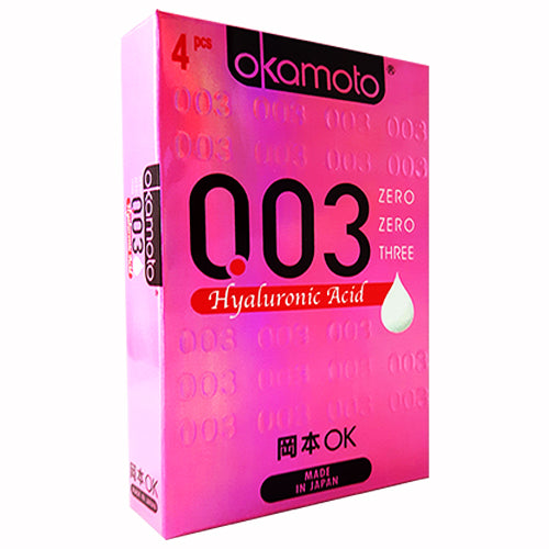 Okamoto 003 Hyaluronic Box 4 condoms featuring ultra-thin design and moisturizing Hyaluronic Acid lubricant for enhanced pleasure.