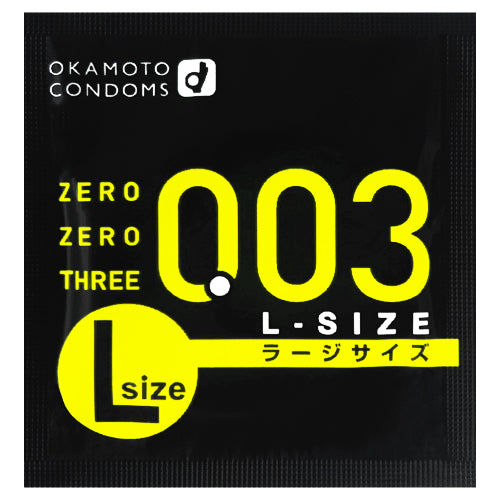 Okamoto 003 L-Size condoms in packaging, showcasing ultra-thin design and larger size for enhanced pleasure.