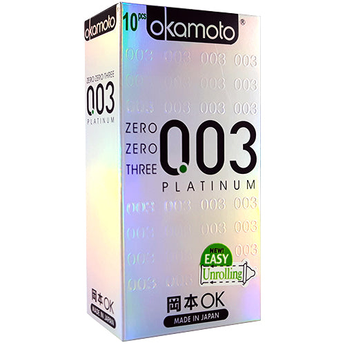 Okamoto 003 Platinum Box of 10 ultra-thin condoms, featuring a sleek design and transparent packaging.