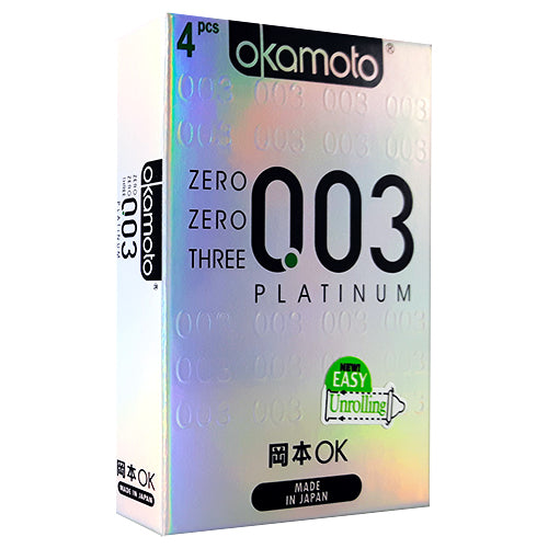 Okamoto 003 Platinum Box of 4 ultra-thin natural rubber latex condoms, featuring a transparent design for enhanced sensitivity.