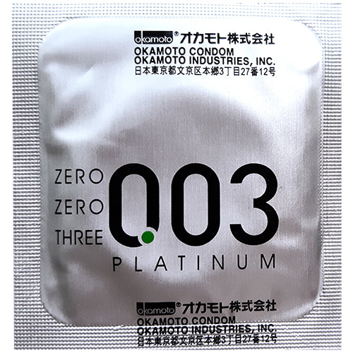 Okamoto 003 Platinum ultra-thin condoms in packaging, showcasing their clear and smooth design.