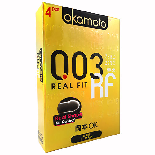 Okamoto 003 Real Fit Box 4 condoms, ultra-thin and designed for a natural fit, featuring a sleek packaging design.