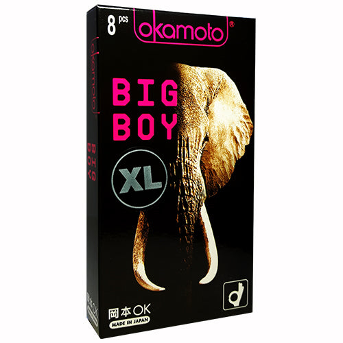 Okamoto Big Boy XL Box 8 condoms featuring ultra-thin Sheerlon™ latex for enhanced sensitivity and comfort.