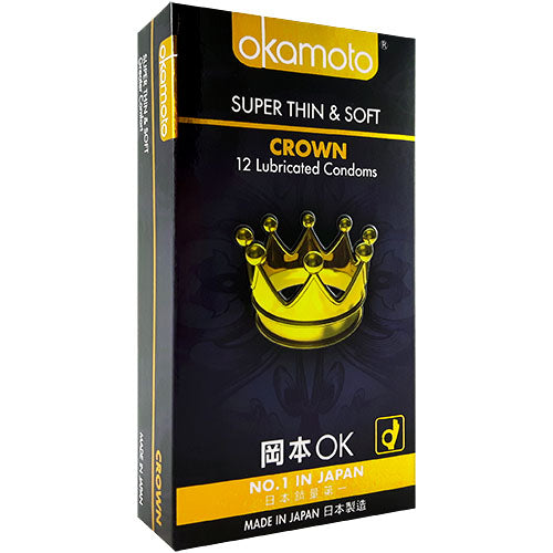 Okamoto Crown Box 12 condoms featuring ultra-thin Sheerlon™ latex for enhanced sensitivity and comfort.