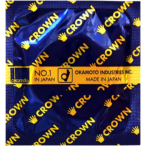 Okamoto Crown condoms in packaging, showcasing their ultra-thin design and Sheerlon™ latex material.