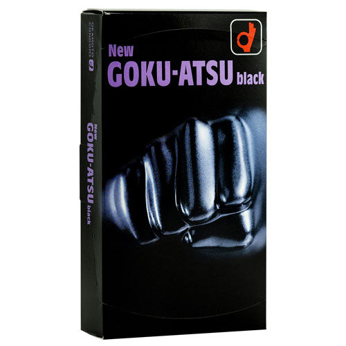 Okamoto Goku-Atsu Black Box containing 12 thick black latex condoms, designed for enhanced pleasure and safety.