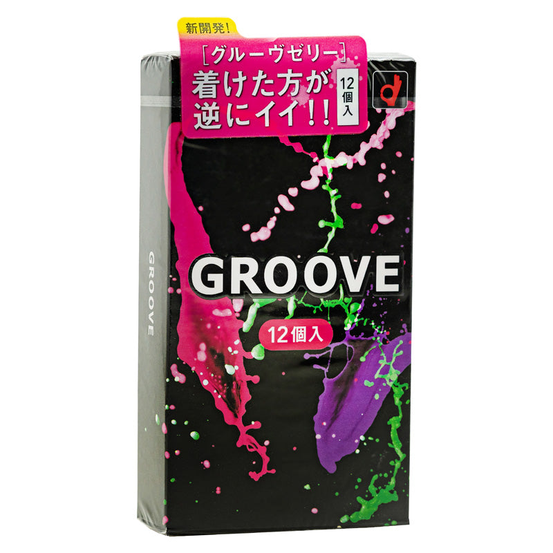 Okamoto Groove Box 12 condoms in a vibrant pink color, showcasing their smooth texture and extra lubrication features.