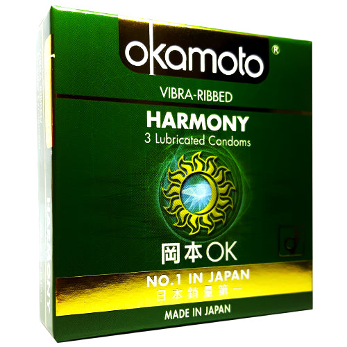 Okamoto Harmony Box 3 condoms featuring ultra-thin Sheerlon™ latex and ribbed texture for enhanced pleasure.