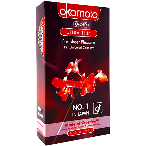 Okamoto Orchid Box 12 condoms featuring pink packaging and ultra-thin Sheerlon™ latex for enhanced sensitivity.