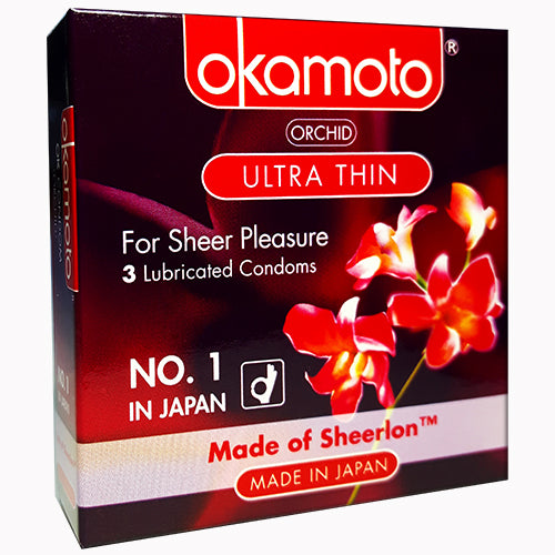 Okamoto Orchid Box 3 condoms featuring ultra-thin Sheerlon™ latex in a pink color, designed for enhanced sensitivity and comfort.