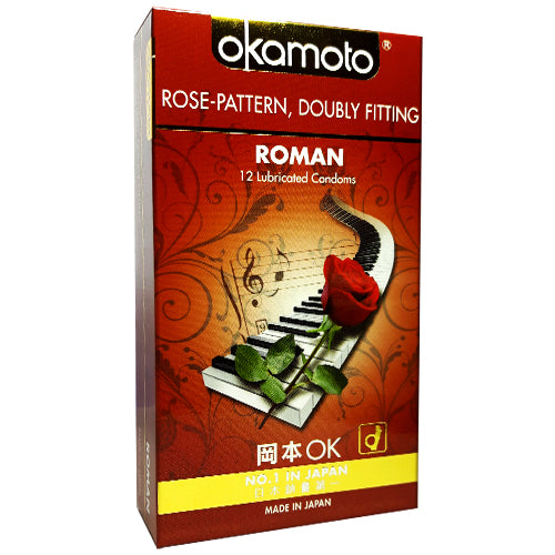 Okamoto Roman Box 12 condoms featuring rose patterns and Sheerlon™ latex for enhanced sensitivity.