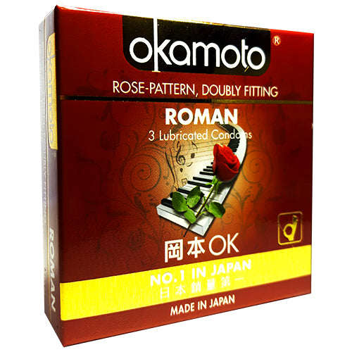 Okamoto Roman Box 3 condoms featuring embossed rose patterns and ultra-thin Sheerlon™ latex for enhanced sensitivity.