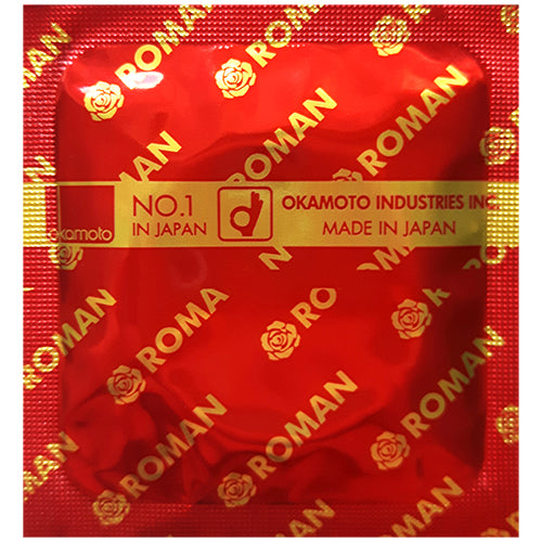 Okamoto Roman Sheerlon™ condoms featuring rose patterns, ultra-thin design, and a pink color for enhanced pleasure.