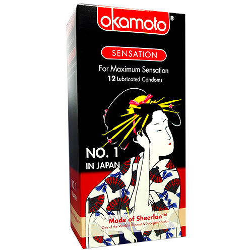 Okamoto Sensation Box 12 condoms in pink packaging, showcasing ultra-thin Sheerlon™ latex for enhanced sensitivity.