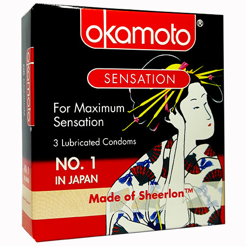 Okamoto Sensation Box 3 condoms in pink packaging, showcasing ultra-thin Sheerlon™ latex for enhanced sensitivity and comfort.