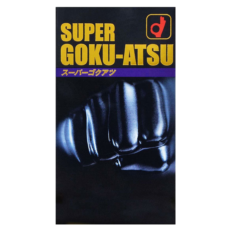 Okamoto Super Goku-Atsu Black Box 10 containing ultra-strong black condoms, designed for comfort and safety.