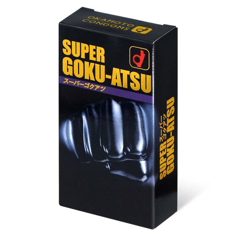 Okamoto Super Goku-Atsu Black Box 10 containing ultra-strong black condoms, designed for comfort and safety.