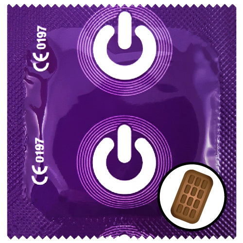 ON Chocolate condoms in a sleek black packaging, featuring a chocolate flavor label, designed for enhanced pleasure and safety.