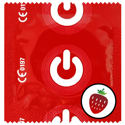 ON Strawberry condoms in red packaging, flavored with strawberry for enhanced pleasure during intimate moments.