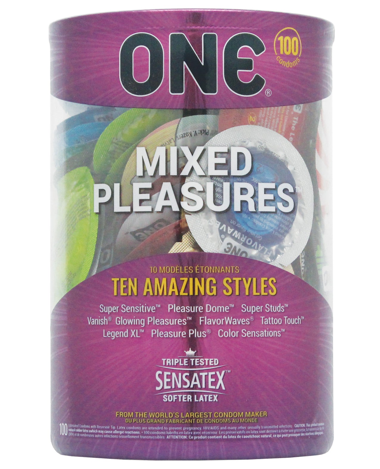 ONE Condoms Mix Pleasure Box 100 featuring assorted condoms including ultra-thin, ribbed, flavored, and glow-in-the-dark options.