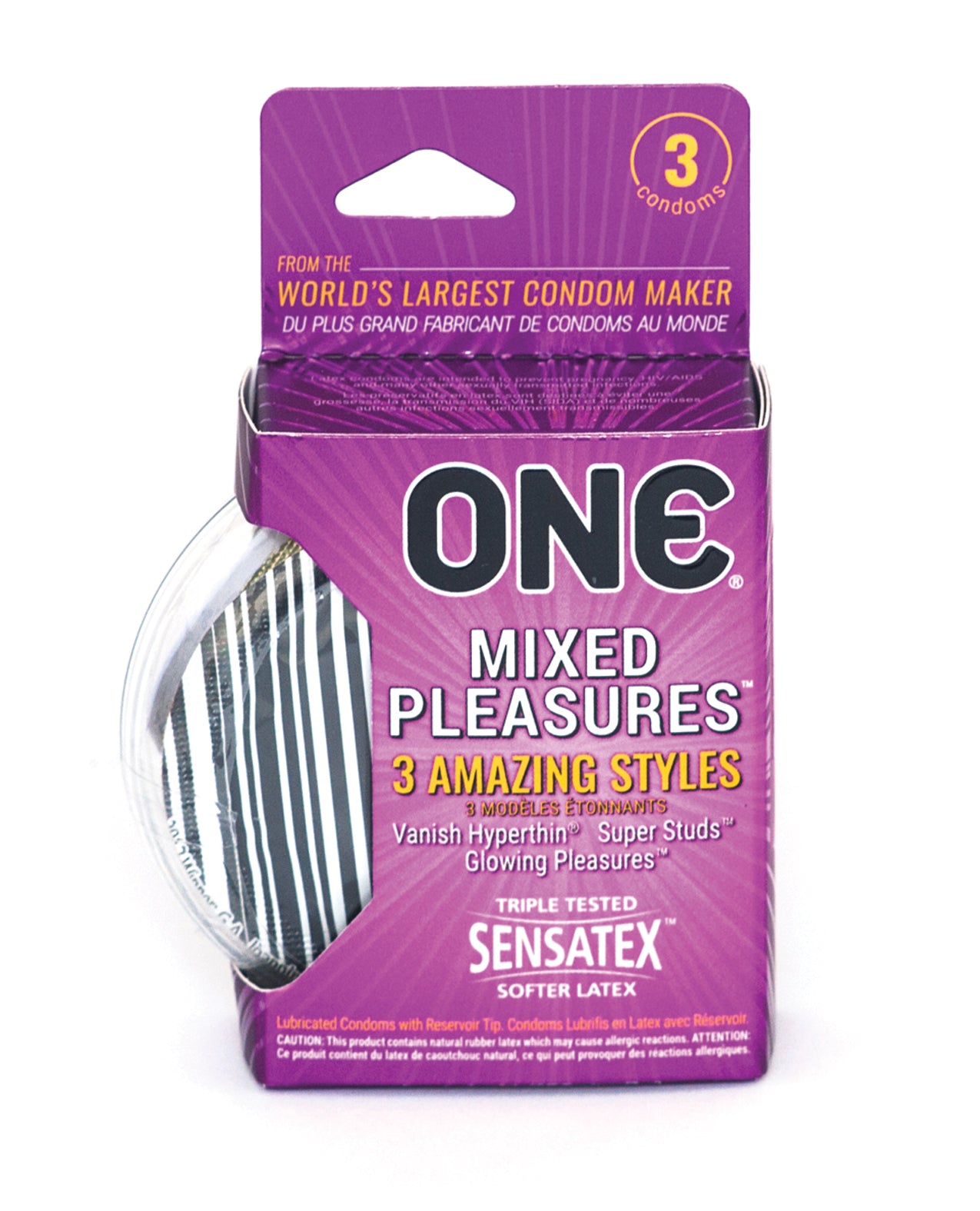 ONE Condoms Mix Pleasure Box 3 featuring three types of condoms: ultra-thin, studded, and glow-in-the-dark, all in a stylish box.