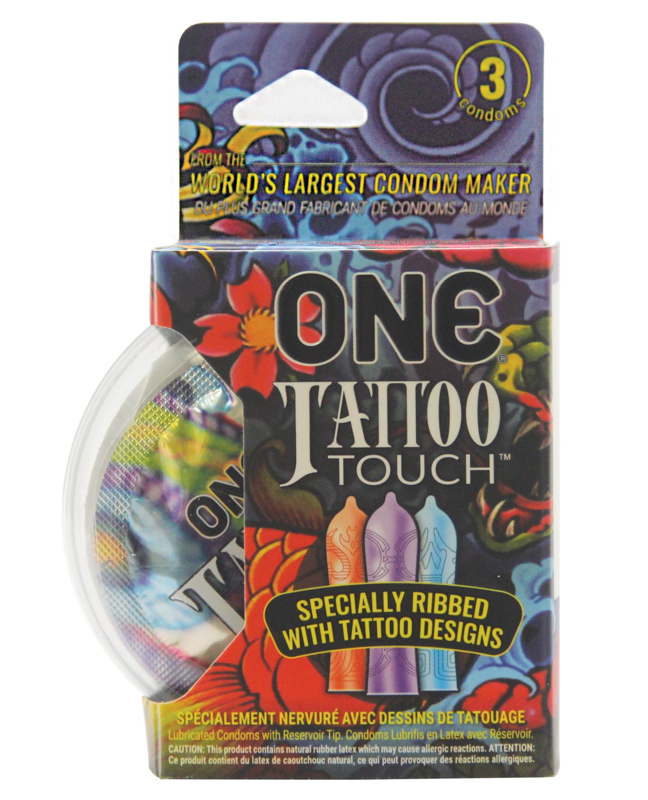 ONE Tattoo Touch Box 3 condoms featuring unique tattoo designs and ribbed texture for enhanced pleasure.