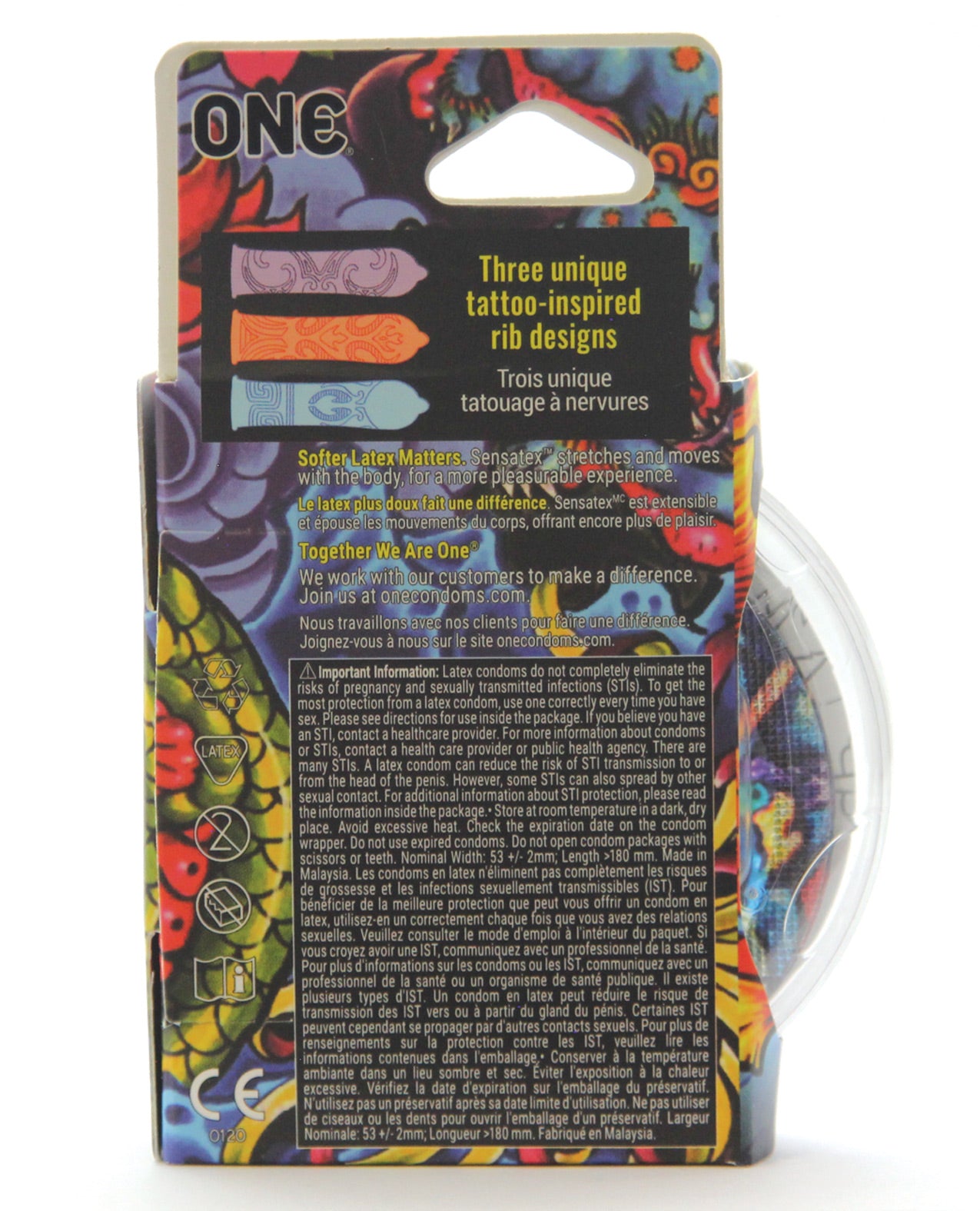 ONE Tattoo Touch Box 3 condoms featuring unique tattoo designs and ribbed texture for enhanced pleasure.