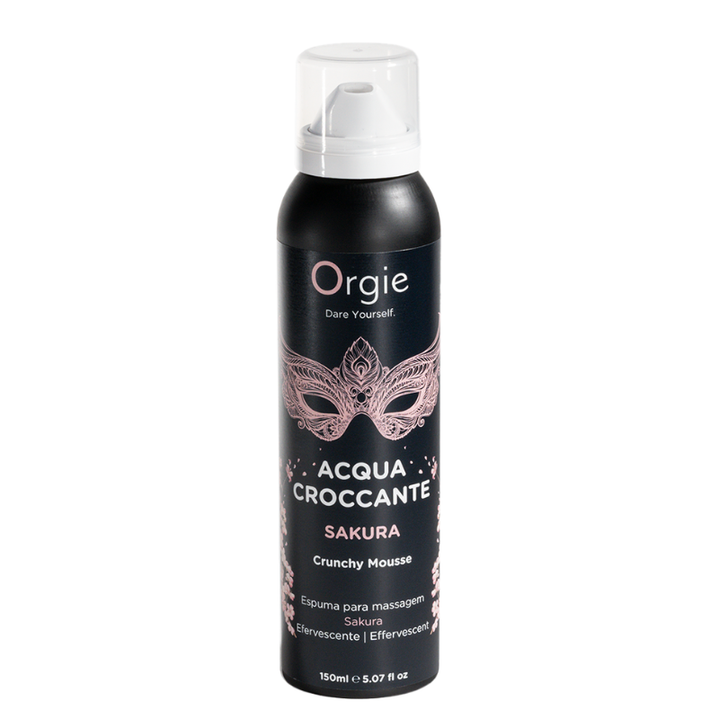 Orgie Acqua Croccante Sakura Crunchy Mousse 150ml with a vibrant Sakura design, showcasing its unique packaging and effervescent foam texture.