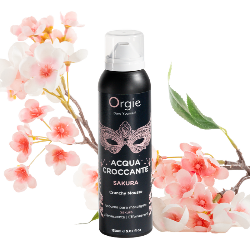 Orgie Acqua Croccante Sakura Crunchy Mousse 150ml with a vibrant Sakura design, showcasing its unique packaging and effervescent foam texture.