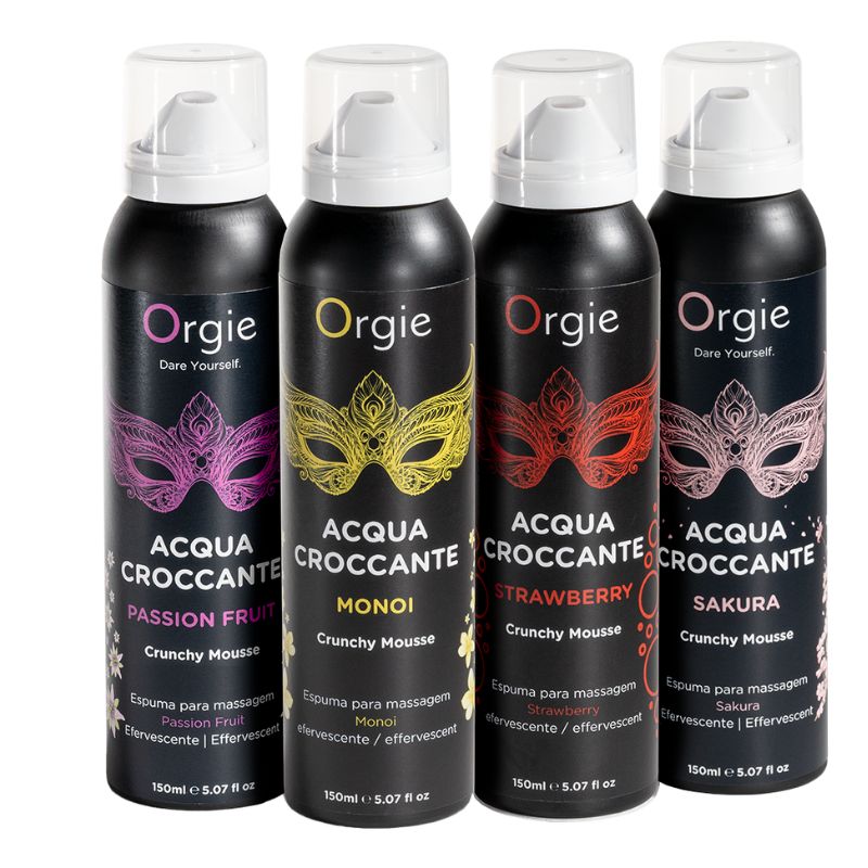 Orgie Acqua Croccante Sakura Crunchy Mousse 150ml with a vibrant Sakura design, showcasing its unique packaging and effervescent foam texture.